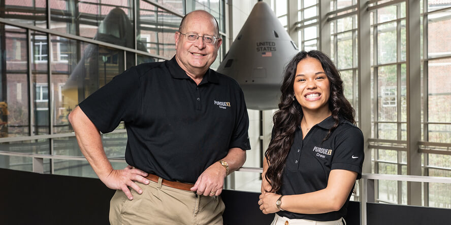 Purdue professor Steven Collicott and graduate student Abigail Mizzi pose for a photo