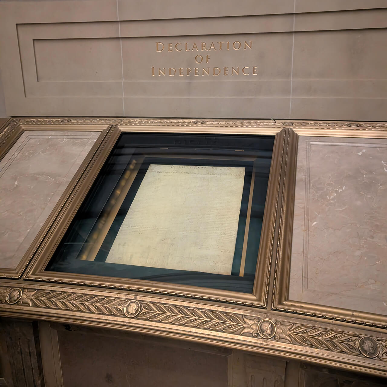A display at the National Archives Building housing the Declaration of Independence