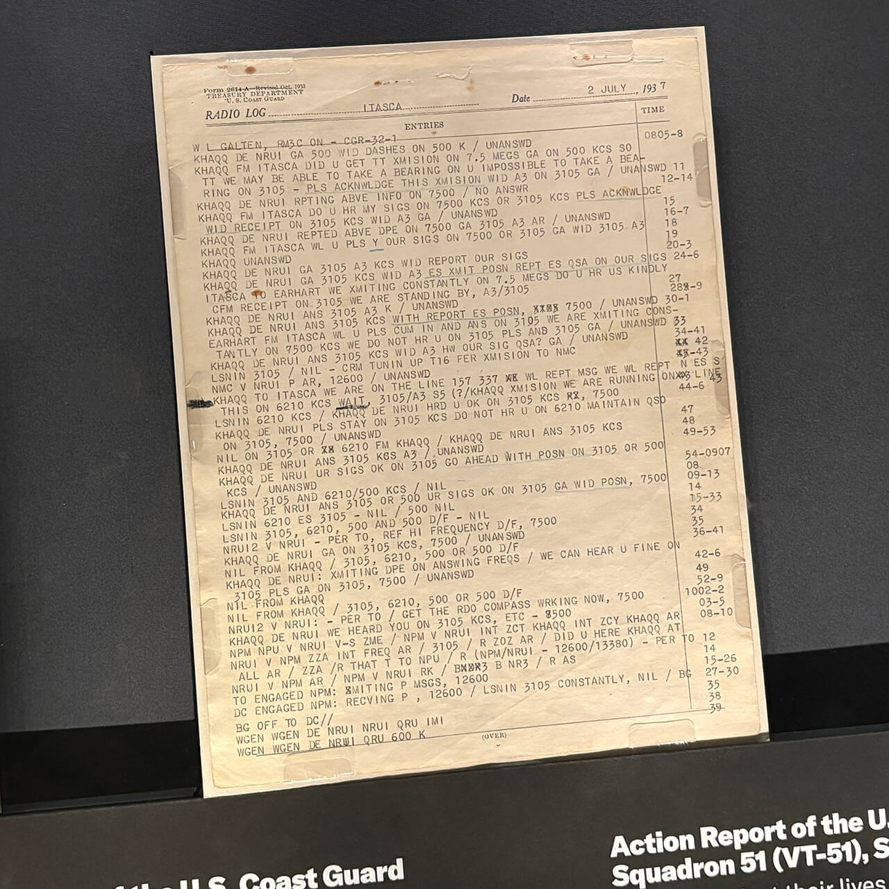 U.S. Coast Guard radio logs showing when operators lost contact with Amelia Earhart during her attempted around-the-world flight in 1937