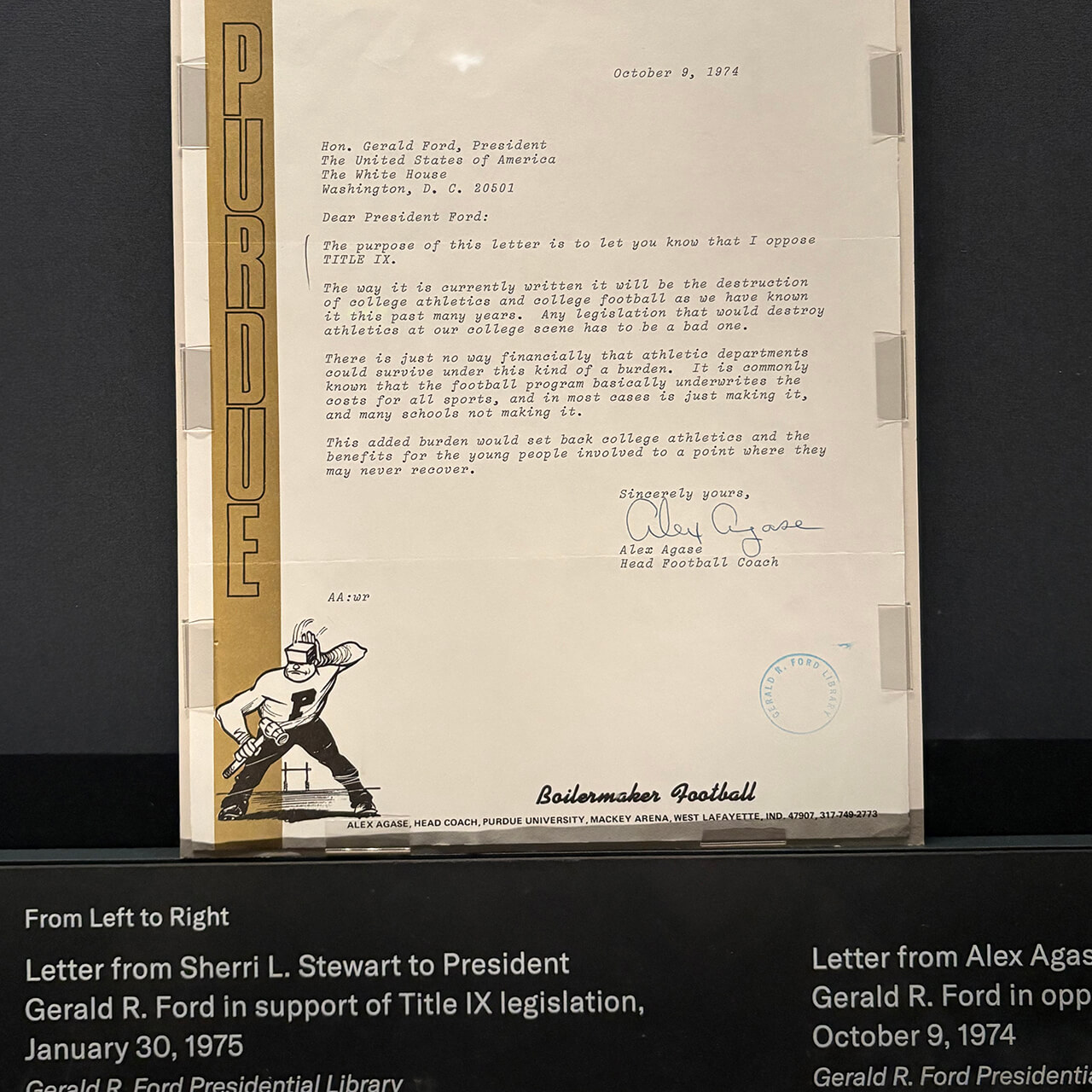 A 1974 letter from Purdue football coach Alex Agase to President Gerald Ford voicing Agase’s opposition to Title IX legislation