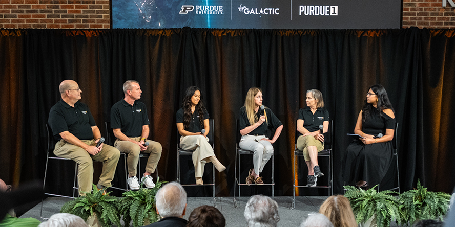 The Purdue 1 crew participates in a panel discussion at their introductory event