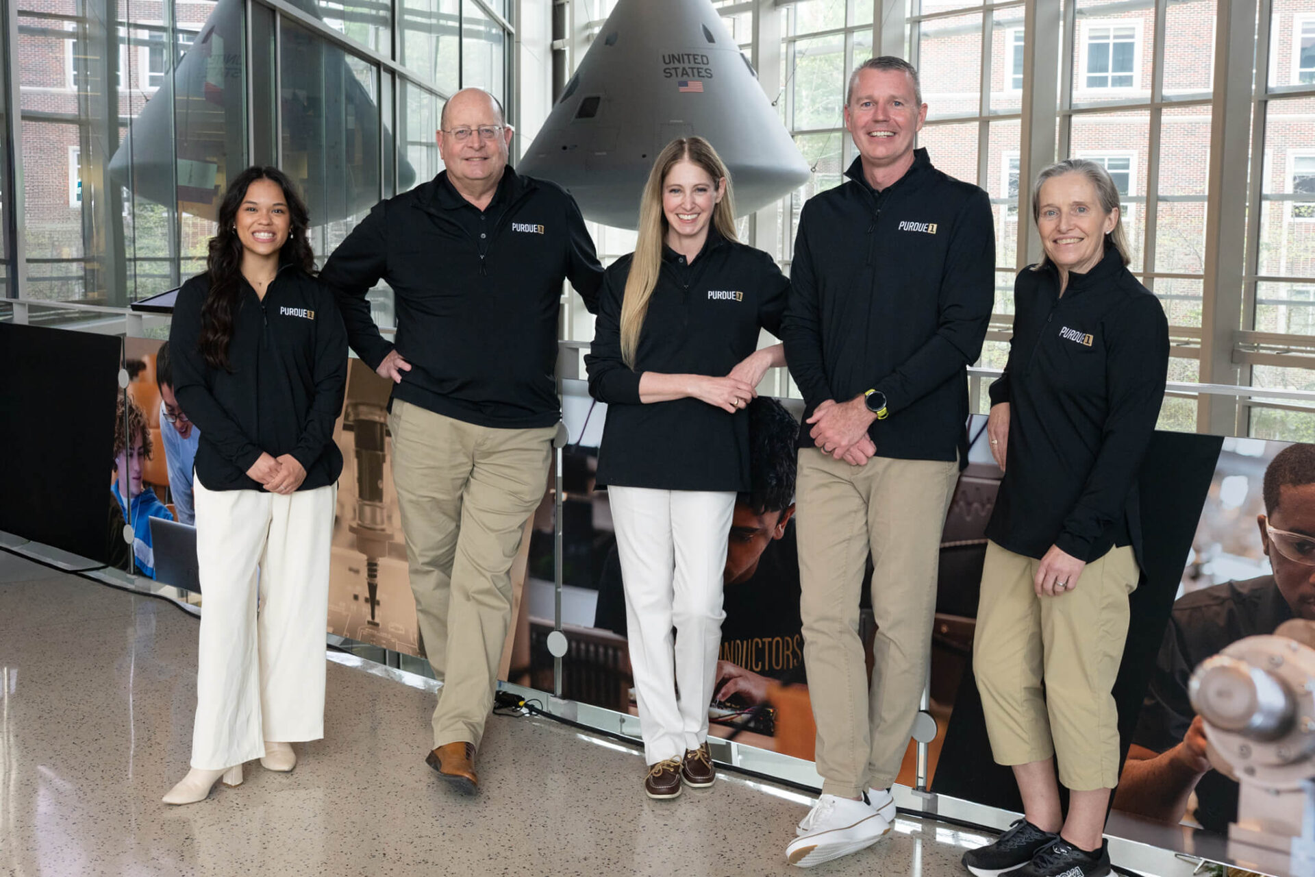 Purdue 1 crew members Abigail Mizzi, Steven Collicott, Beth Moses, Jason Williamson and Florence Stahura pose for a group photo