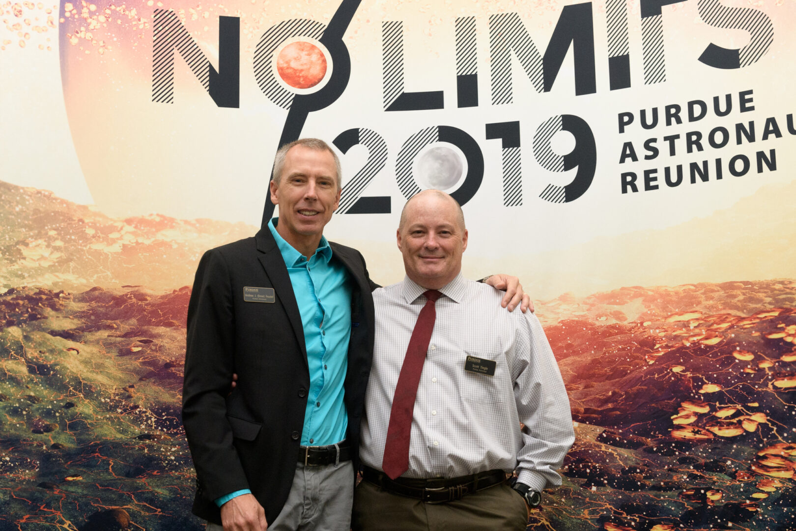 Purdue astronaut alumni Drew Feustel and Scott Tingle pose for a photo at Purdue’s 2019 astronaut reunion 