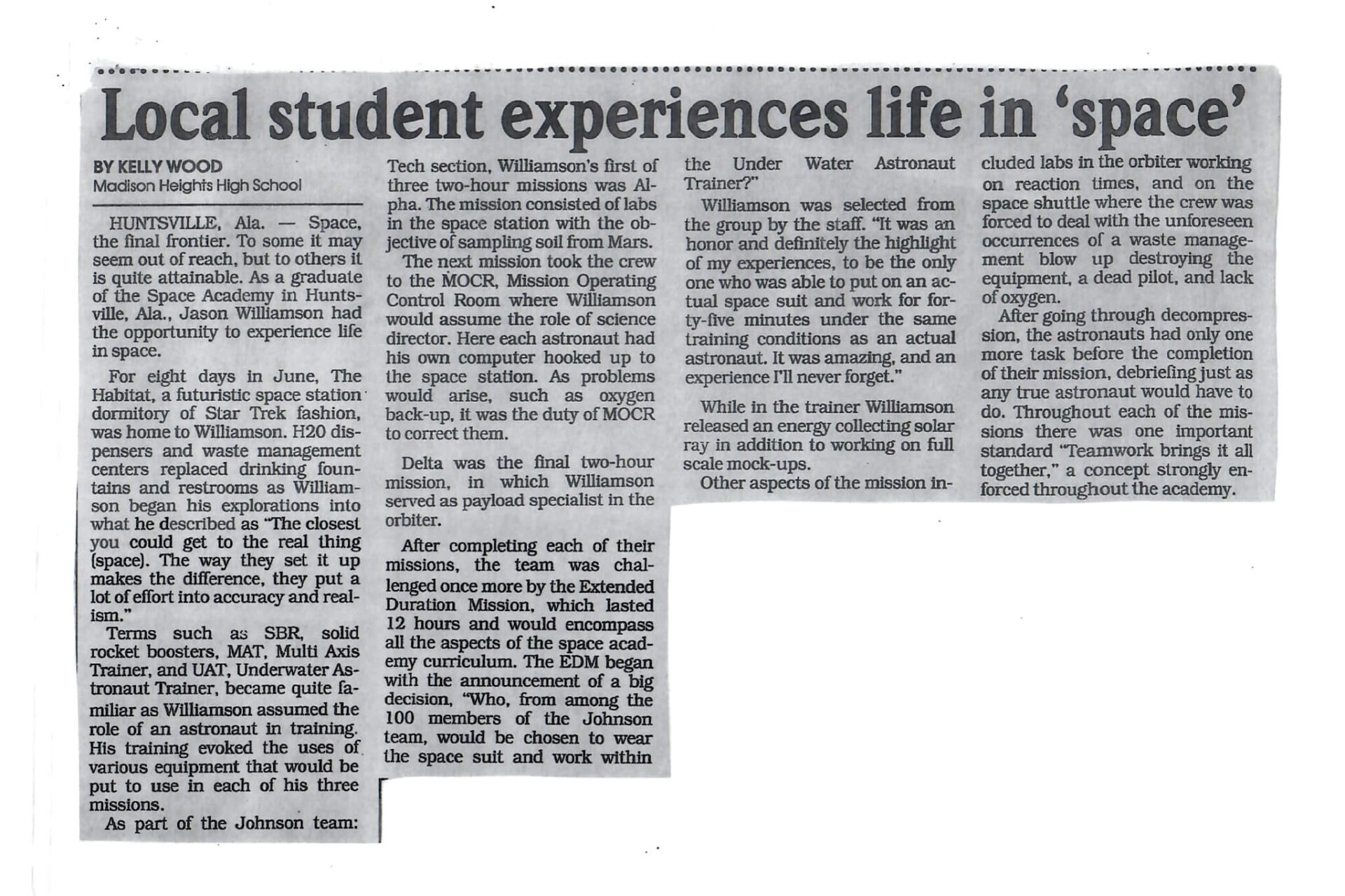 A 1993 Anderson (Indiana) Herald-Bulletin article about Jason Williamson’s first trip to Space Camp