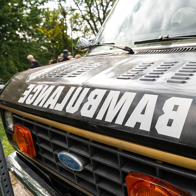The front of the ambulance, where the nickname Bambulance is painted.